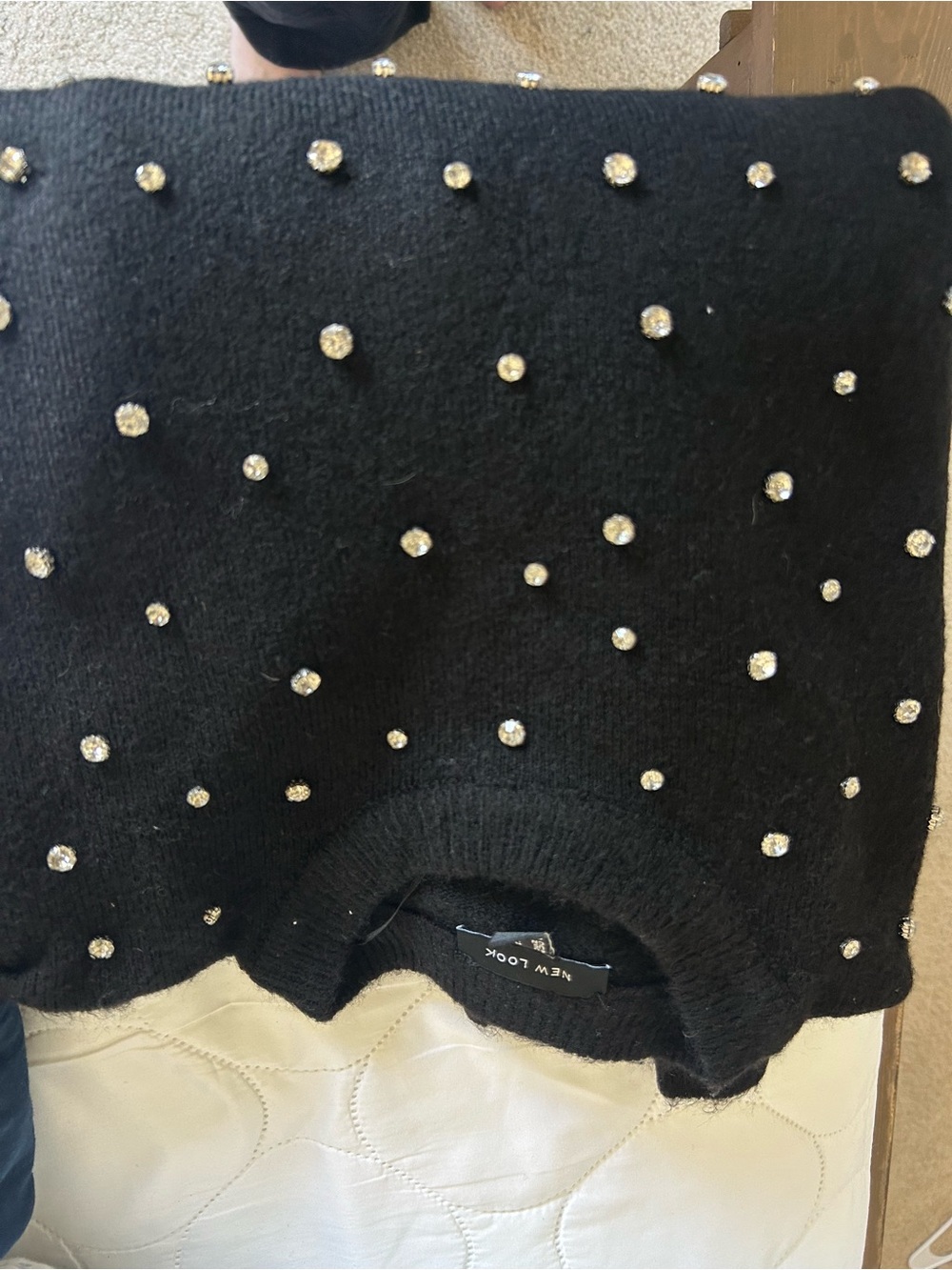 New Look Black Crew Neck Sweater with Crystal Stud Embellishments